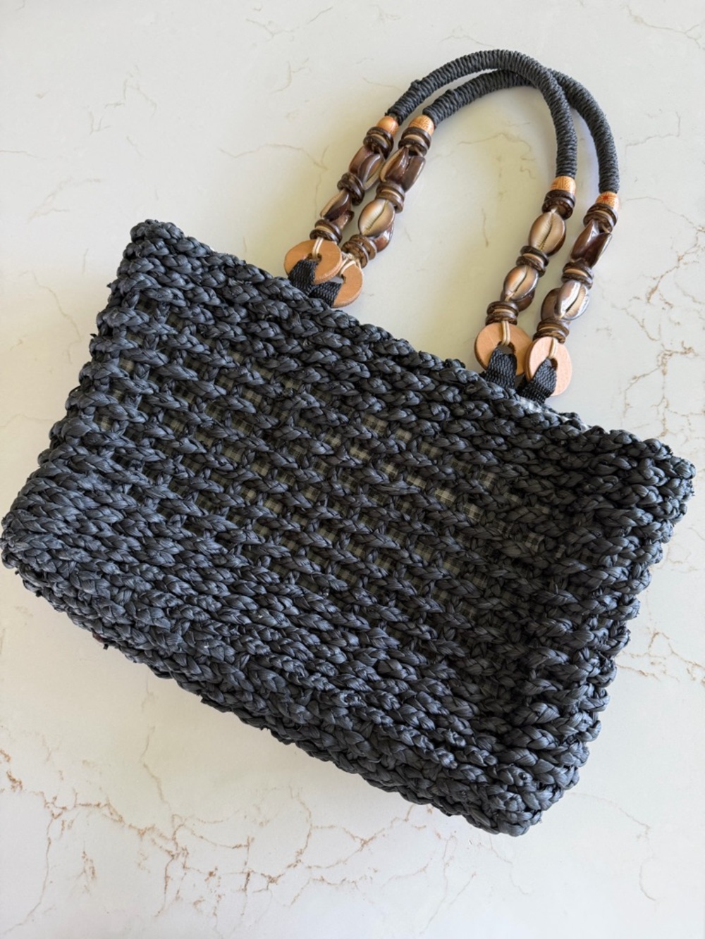 Vintage Sun N Surf Black Straw Tote with Shell / Wood  Handle Detail